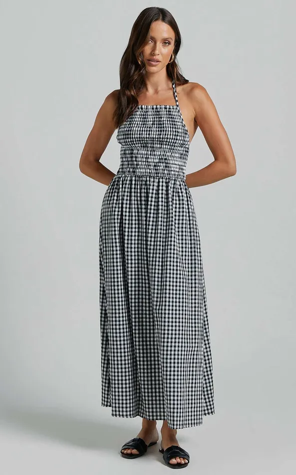Showpo Aimie Midi Dress 8211 Strappy Halter Neck Shirred Top In White Check Women Dresses