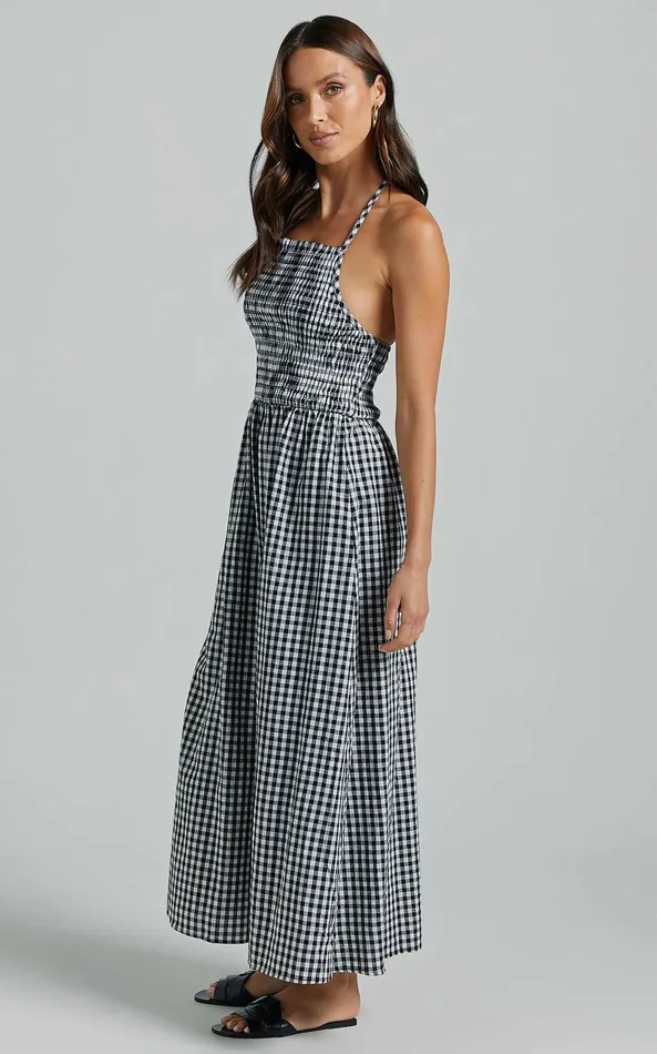 Showpo Aimie Midi Dress 8211 Strappy Halter Neck Shirred Top In White Check Women Dresses
