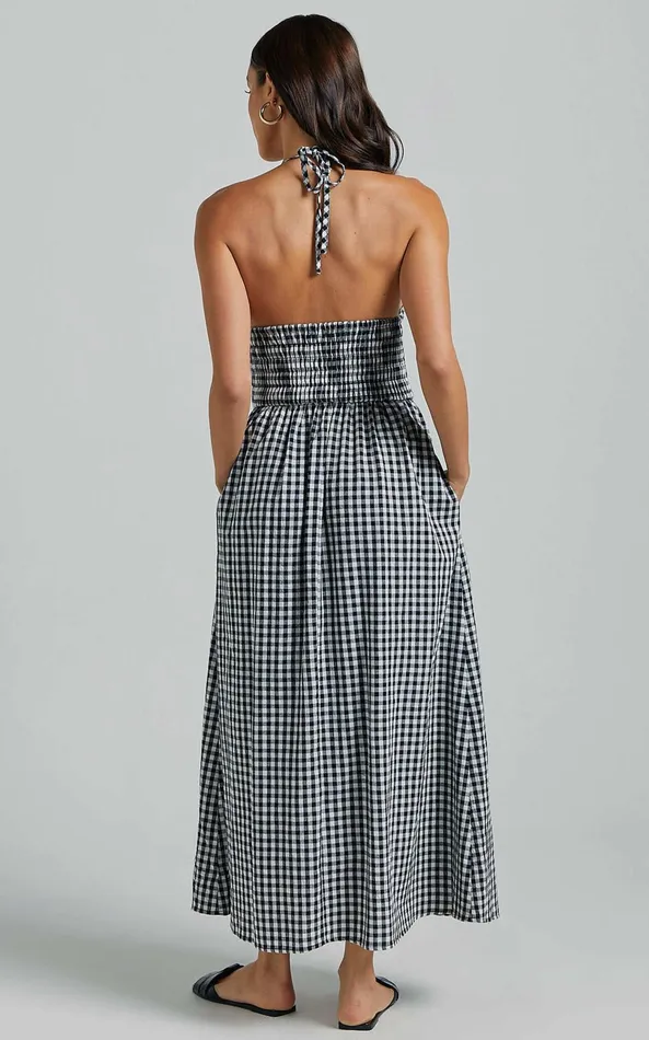 Showpo Aimie Midi Dress 8211 Strappy Halter Neck Shirred Top In White Check Women Dresses
