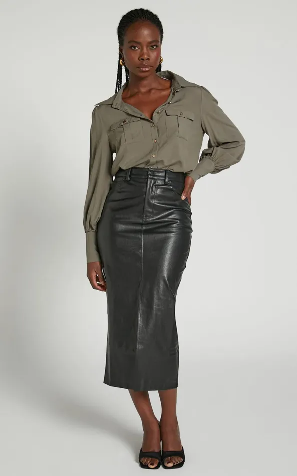 Showpo Aingeal Shirt 8211 Long Sleeve Button Up Shirt In Olive Women Curve Clothes