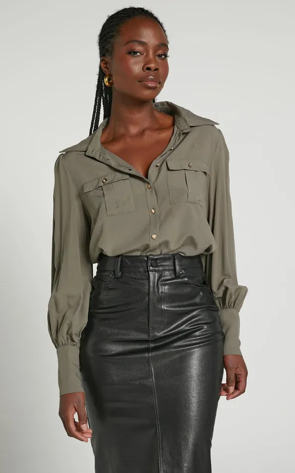 Showpo Aingeal Shirt 8211 Long Sleeve Button Up Shirt In Olive Women Curve Clothes