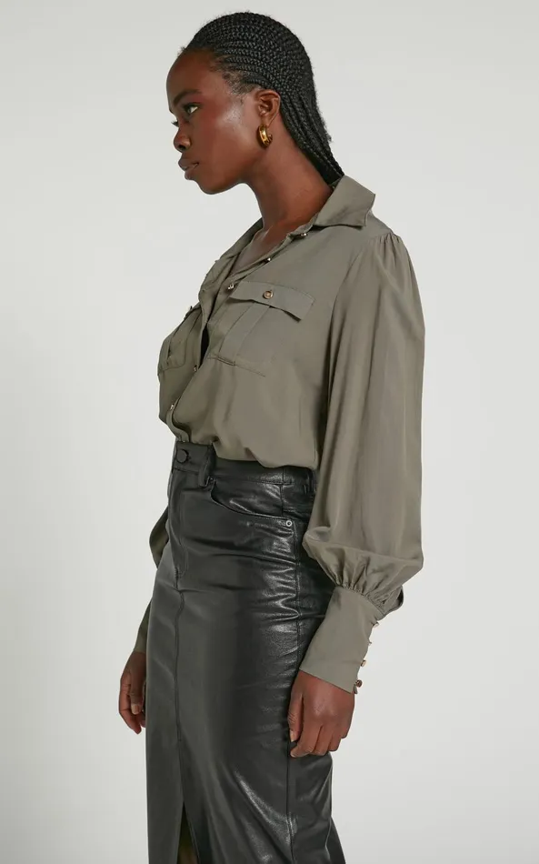 Showpo Aingeal Shirt 8211 Long Sleeve Button Up Shirt In Olive Women Curve Clothes