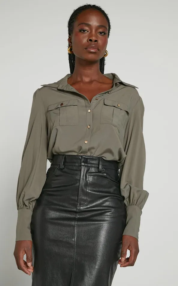 Showpo Aingeal Shirt 8211 Long Sleeve Button Up Shirt In Olive Women Curve Clothes