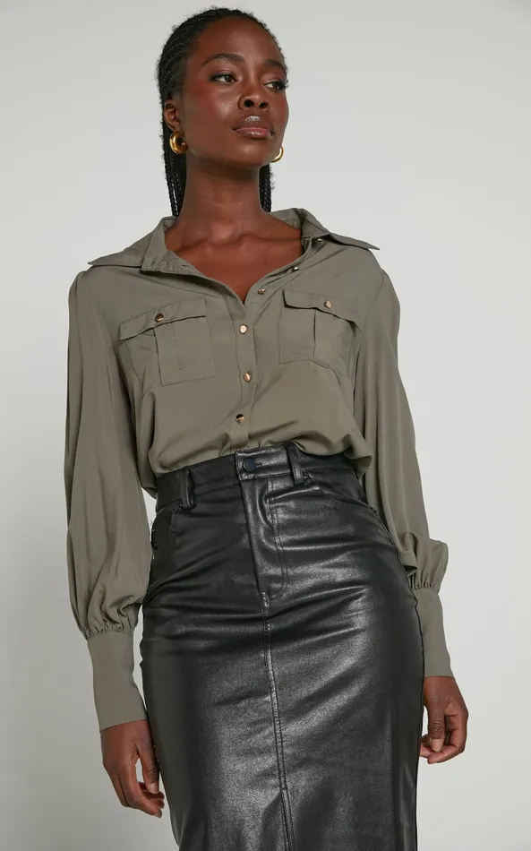Showpo Aingeal Shirt 8211 Long Sleeve Button Up Shirt In Olive Women Curve Clothes