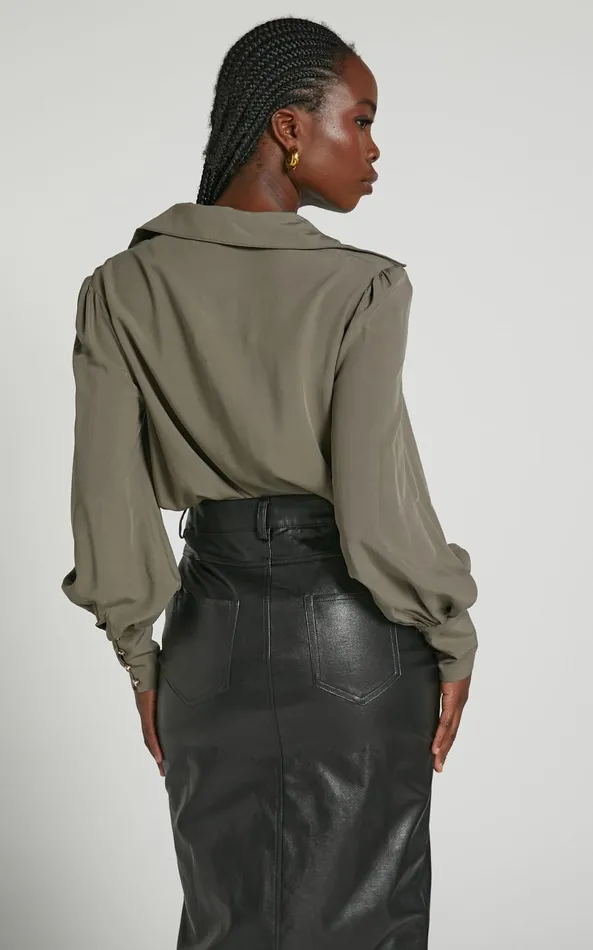 Showpo Aingeal Shirt 8211 Long Sleeve Button Up Shirt In Olive Women Curve Clothes