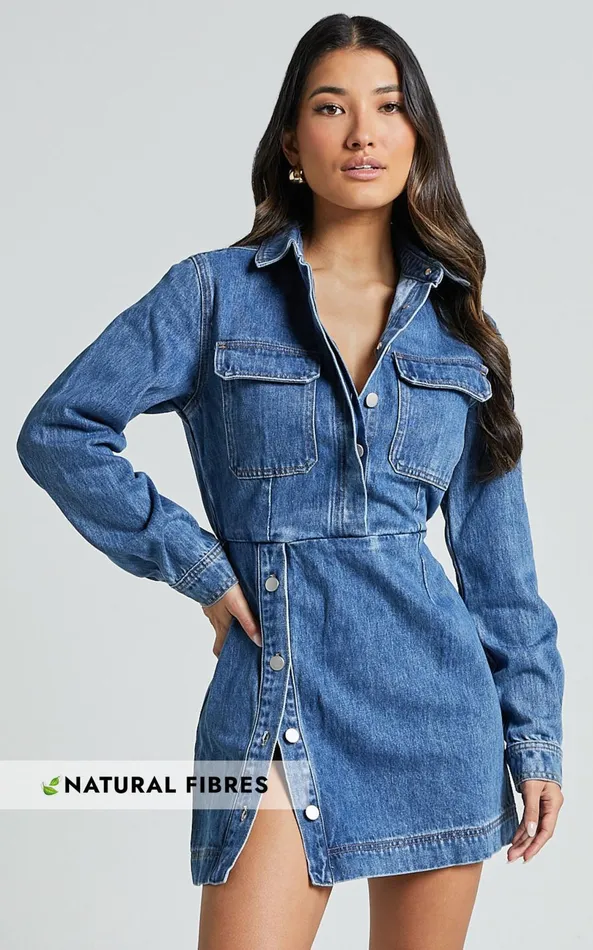 Showpo Ainsley Mini Dress 8211 Button Through Long Sleeve Denim Dress In Mid Blue Wash Women Denim Showpo Ainsley Mini Dress 8211 Button Through Long Sleeve Denim Dress In Mid Blue Wash Women Denim
