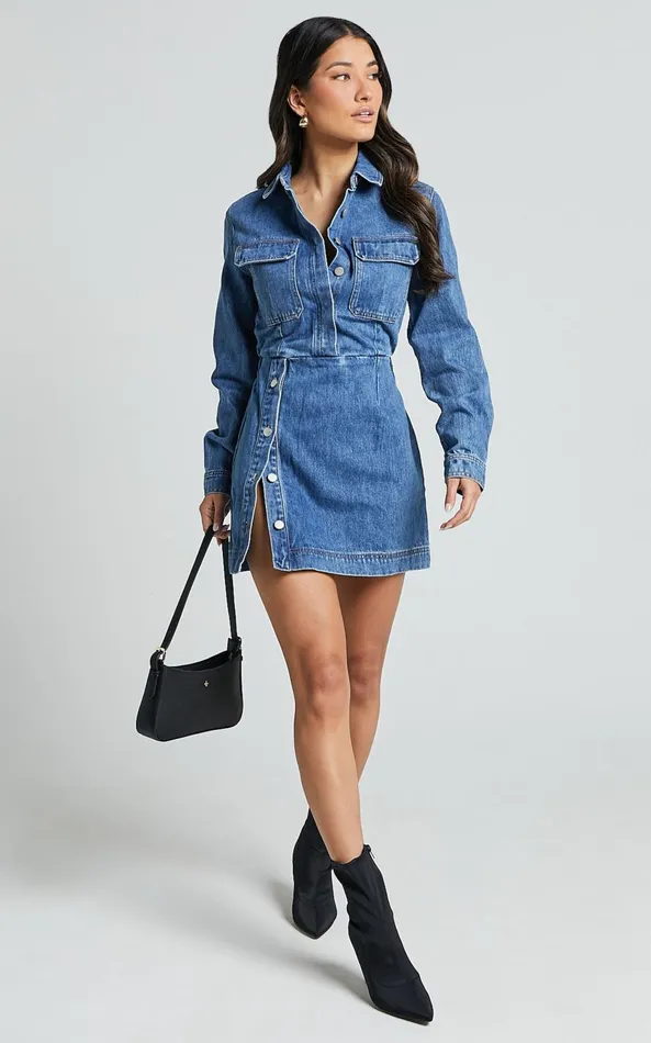 Showpo Ainsley Mini Dress 8211 Button Through Long Sleeve Denim Dress In Mid Blue Wash Women Denim