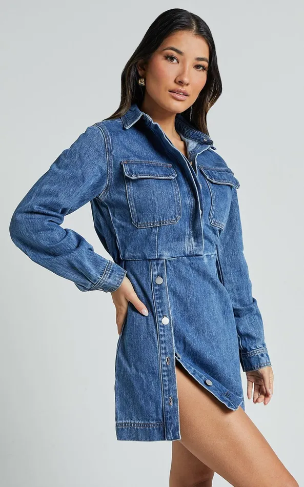Showpo Ainsley Mini Dress 8211 Button Through Long Sleeve Denim Dress In Mid Blue Wash Women Denim