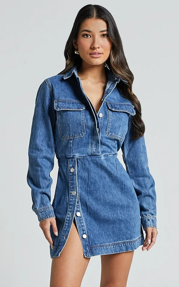 Showpo Ainsley Mini Dress 8211 Button Through Long Sleeve Denim Dress In Mid Blue Wash Women Denim