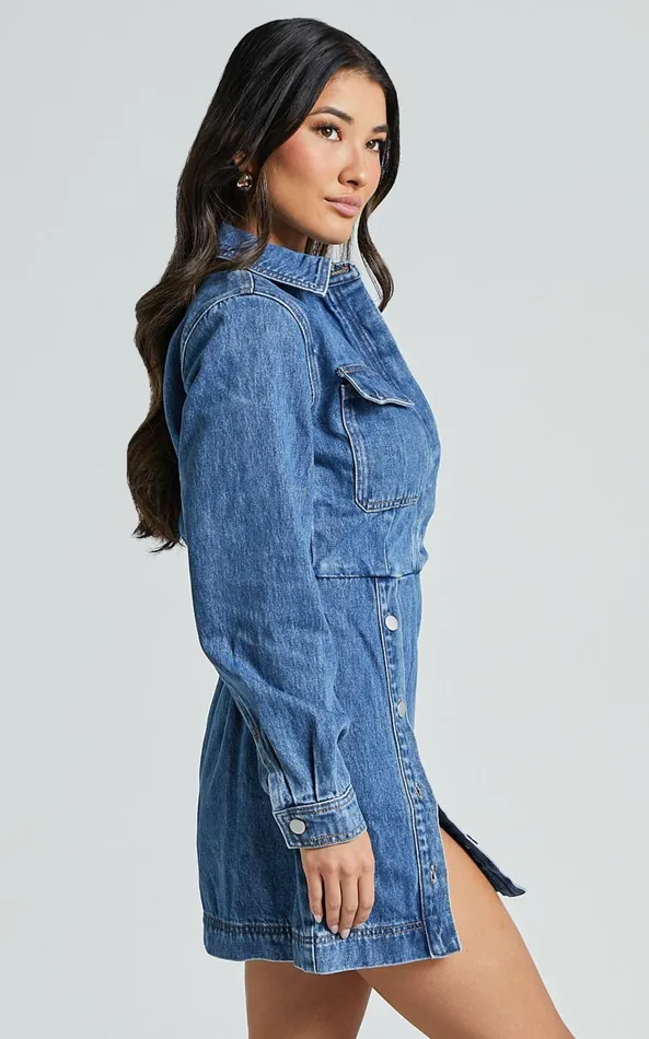 Showpo Ainsley Mini Dress 8211 Button Through Long Sleeve Denim Dress In Mid Blue Wash Women Denim