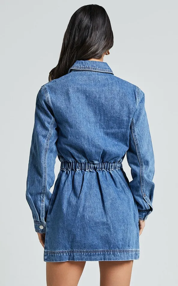 Showpo Ainsley Mini Dress 8211 Button Through Long Sleeve Denim Dress In Mid Blue Wash Women Denim