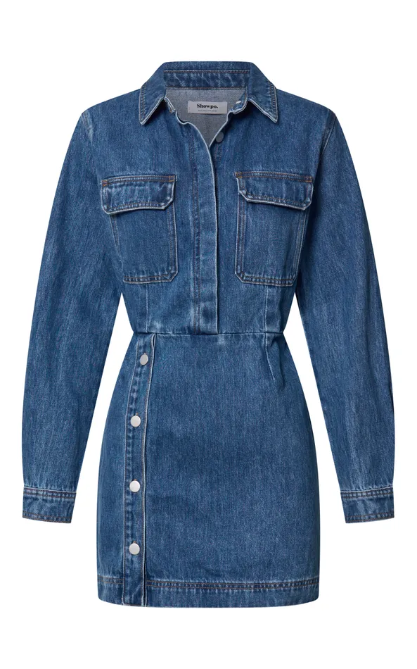 Showpo Ainsley Mini Dress 8211 Button Through Long Sleeve Denim Dress In Mid Blue Wash Women Denim