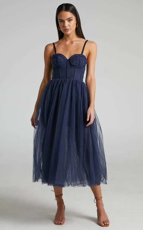 Showpo Aisha Midi Dress 8211 Bustier Bodice Tulle Dress In Navy Women Curve Clothes Showpo Aisha Midi Dress 8211 Bustier Bodice Tulle Dress In Navy Women Curve Clothes