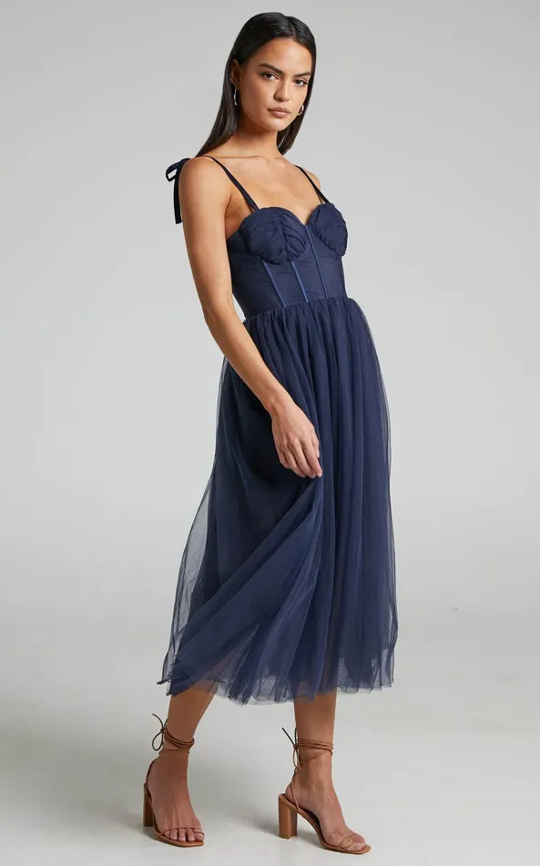 Showpo Aisha Midi Dress 8211 Bustier Bodice Tulle Dress In Navy Women Curve Clothes