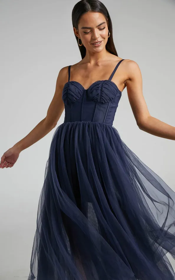 Showpo Aisha Midi Dress 8211 Bustier Bodice Tulle Dress In Navy Women Curve Clothes