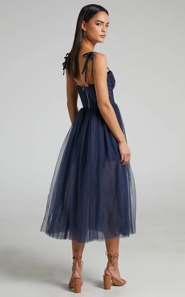 Showpo Aisha Midi Dress 8211 Bustier Bodice Tulle Dress In Navy Women Curve Clothes