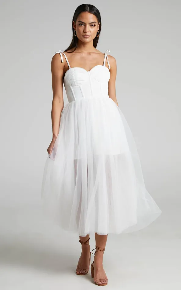 Showpo Aisha Midi Dress 8211 Bustier Bodice Tulle Dress In White Women Dresses Showpo Aisha Midi Dress 8211 Bustier Bodice Tulle Dress In White Women Dresses