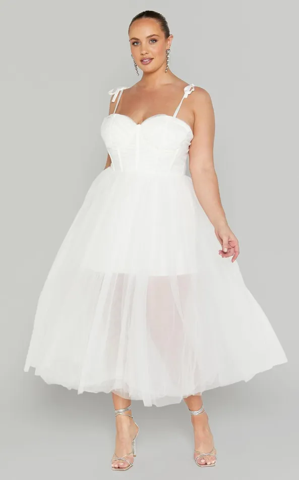 Showpo Aisha Midi Dress 8211 Bustier Bodice Tulle Dress In White Women Dresses