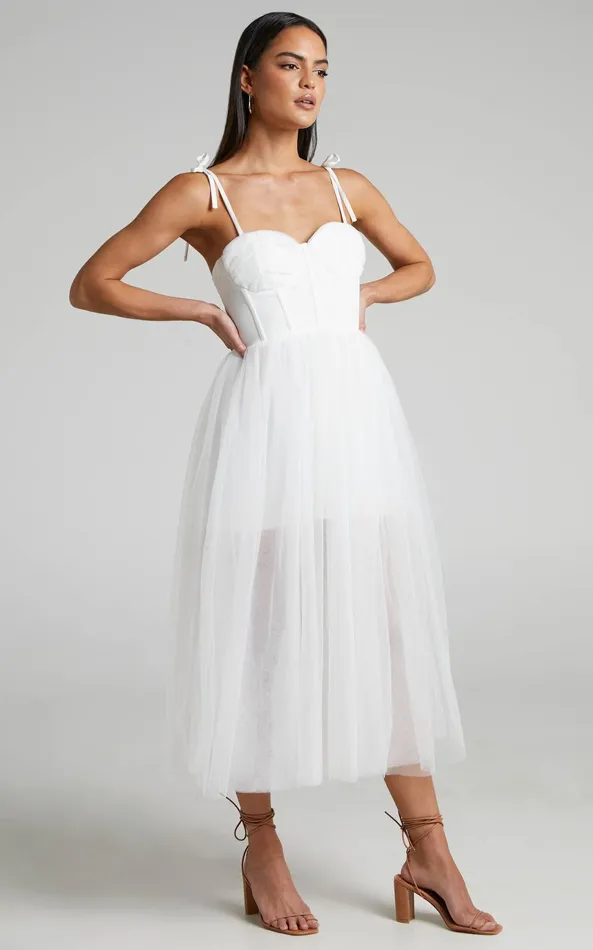 Showpo Aisha Midi Dress 8211 Bustier Bodice Tulle Dress In White Women Dresses