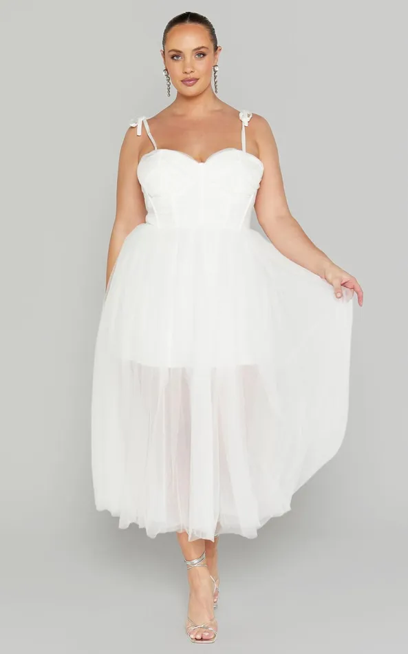 Showpo Aisha Midi Dress 8211 Bustier Bodice Tulle Dress In White Women Dresses