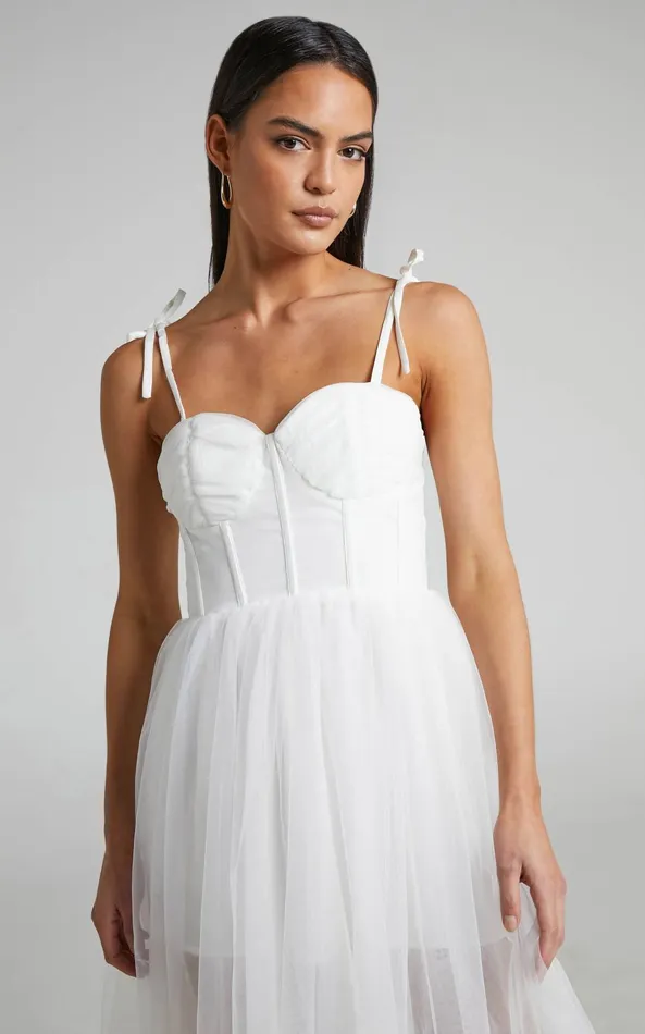 Showpo Aisha Midi Dress 8211 Bustier Bodice Tulle Dress In White Women Dresses