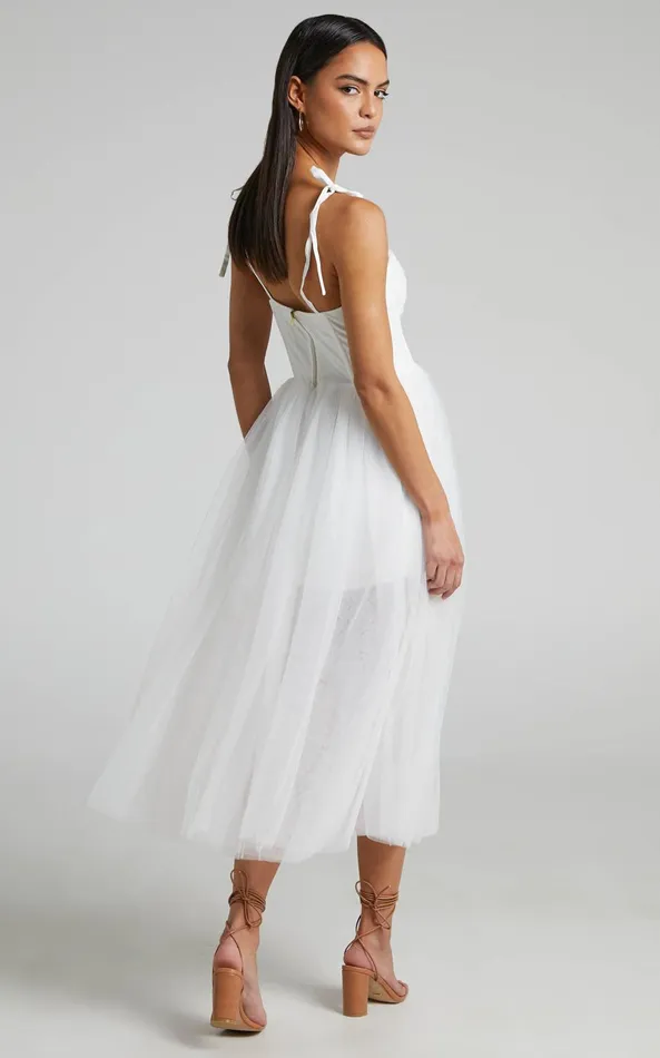 Showpo Aisha Midi Dress 8211 Bustier Bodice Tulle Dress In White Women Dresses