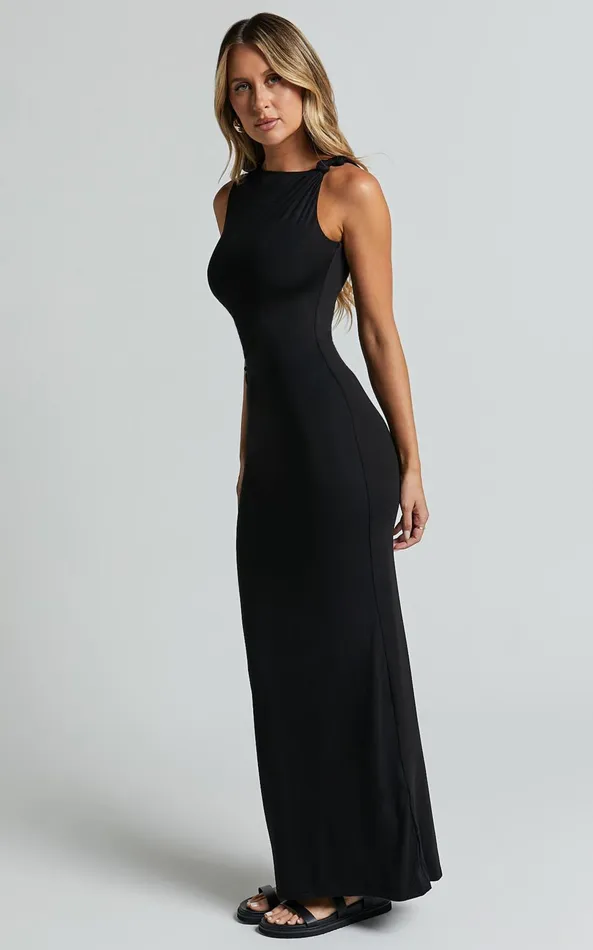 Showpo Aisha Midi Dress 8211 Sleeveless Twist Strap Bodycon Dress In Black Women Dresses