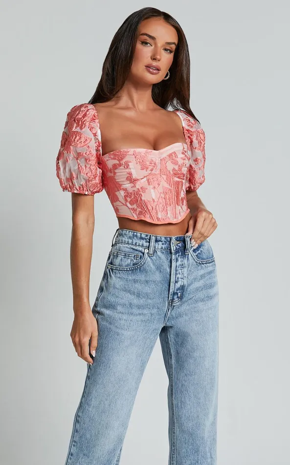 Showpo Aislin Top 8211 Puff Sleeve Sweetheart Crop Top In Apricot Women Tops