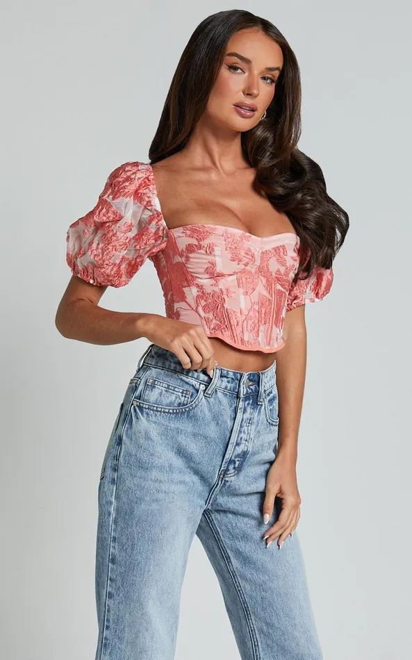 Showpo Aislin Top 8211 Puff Sleeve Sweetheart Crop Top In Apricot Women Tops
