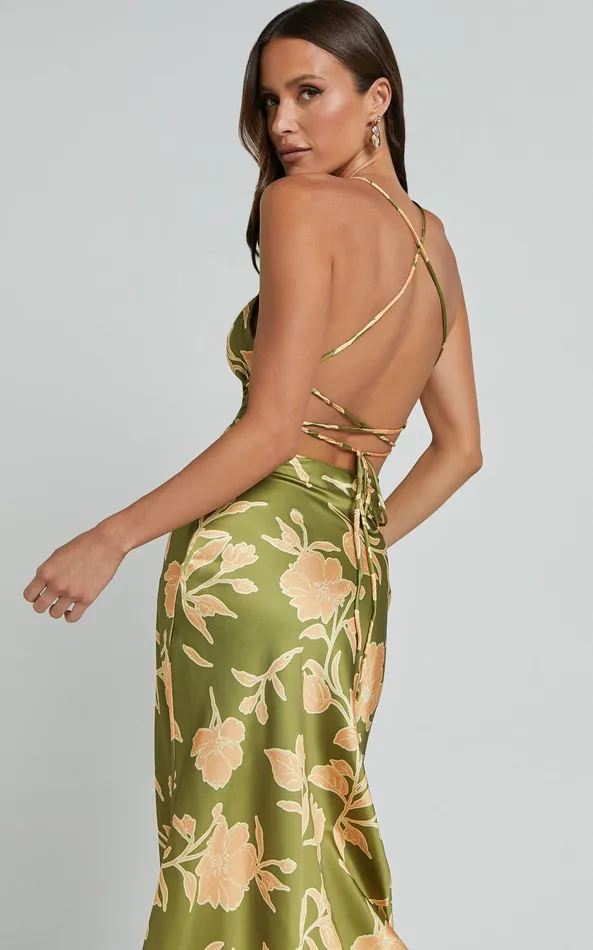 Showpo Aisling Midi Dress 8211 Cowl Neck Satin Bias Midi Dress In Olive Women Dresses