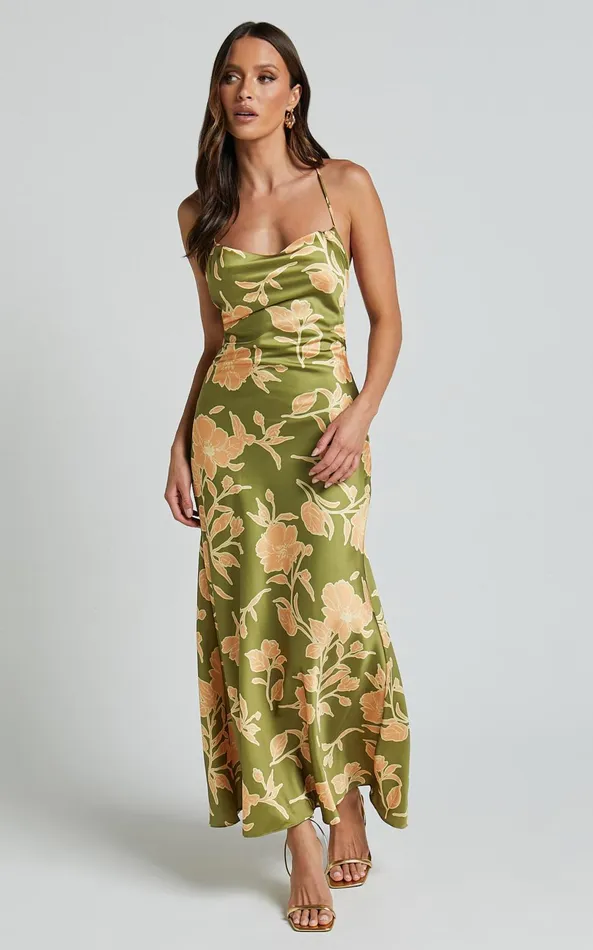 Showpo Aisling Midi Dress 8211 Cowl Neck Satin Bias Midi Dress In Olive Women Dresses