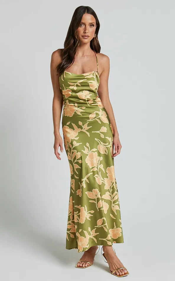 Showpo Aisling Midi Dress 8211 Cowl Neck Satin Bias Midi Dress In Olive Women Dresses