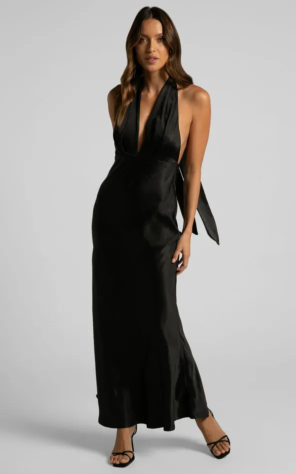 Showpo Aiyana Midi Dress 8211 Halter Neck Satin Dress In Black Women Dresses