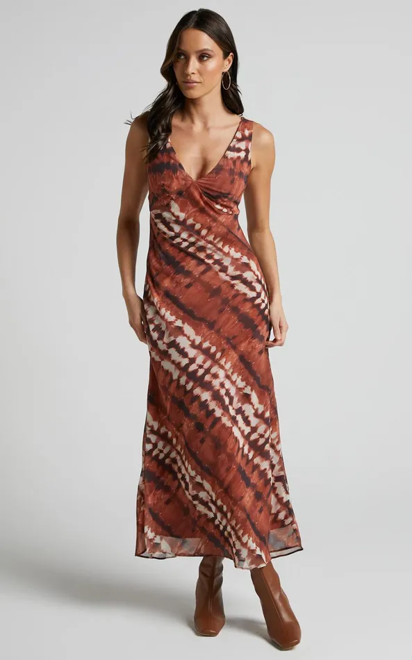 Showpo Aizelle Midi Dress 8211 V Neck Dress In Brown Tie Dye Women Dresses