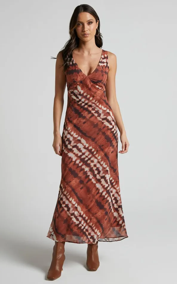 Showpo Aizelle Midi Dress 8211 V Neck Dress In Brown Tie Dye Women Dresses