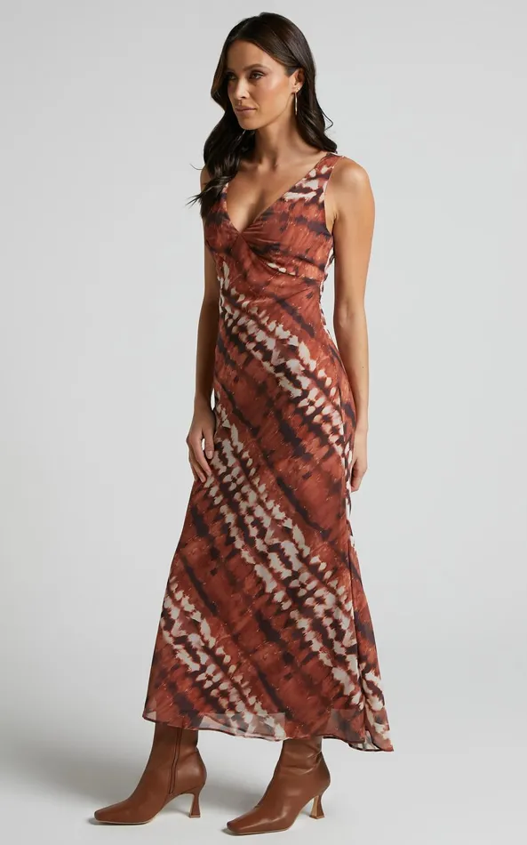 Showpo Aizelle Midi Dress 8211 V Neck Dress In Brown Tie Dye Women Dresses