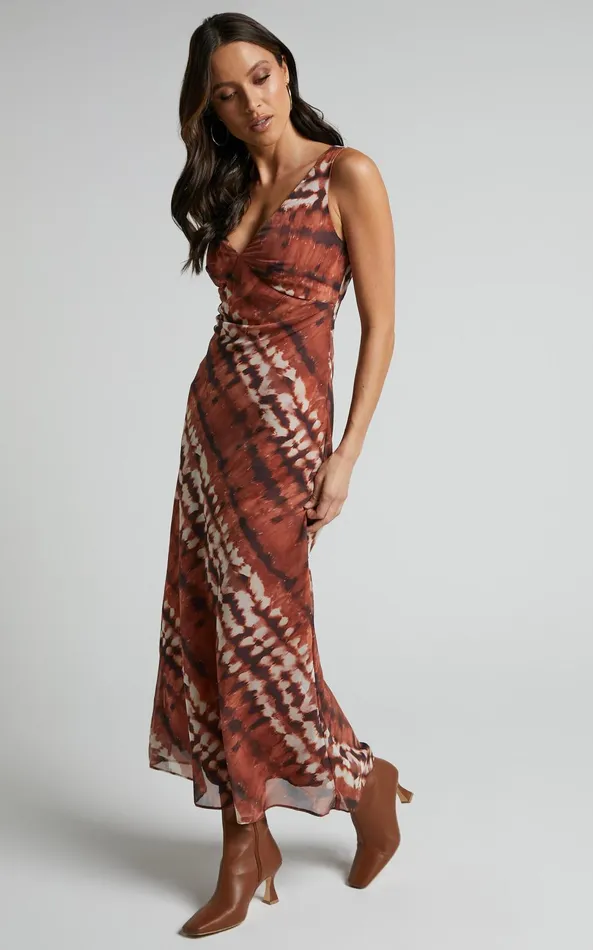 Showpo Aizelle Midi Dress 8211 V Neck Dress In Brown Tie Dye Women Dresses