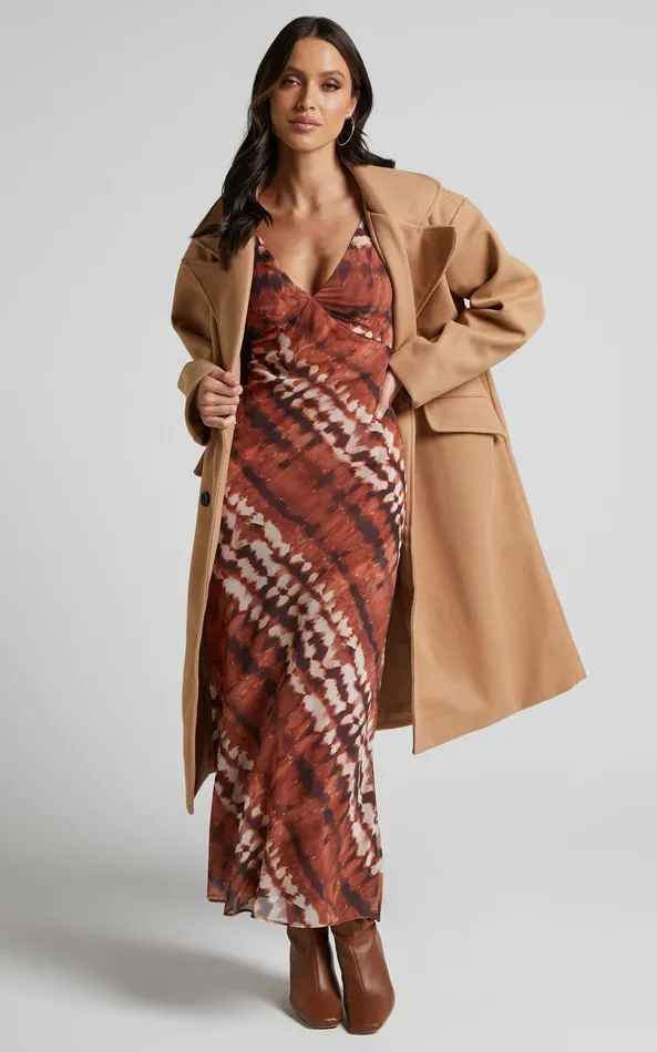 Showpo Aizelle Midi Dress 8211 V Neck Dress In Brown Tie Dye Women Dresses