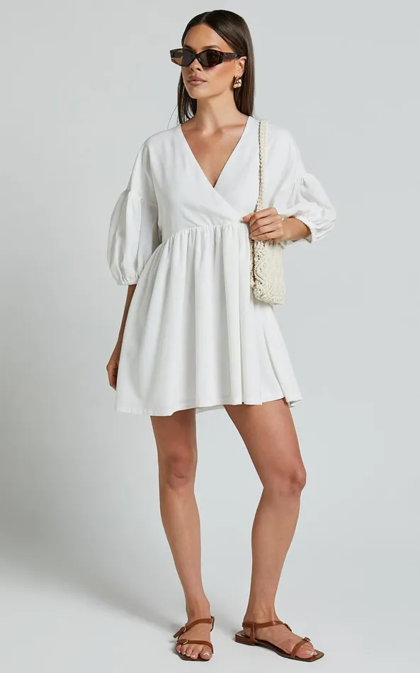 Showpo Akane Mini Dress 8211 Linen Look V Neck 34 Sleeve Smock Dress In Off White Women Dresses