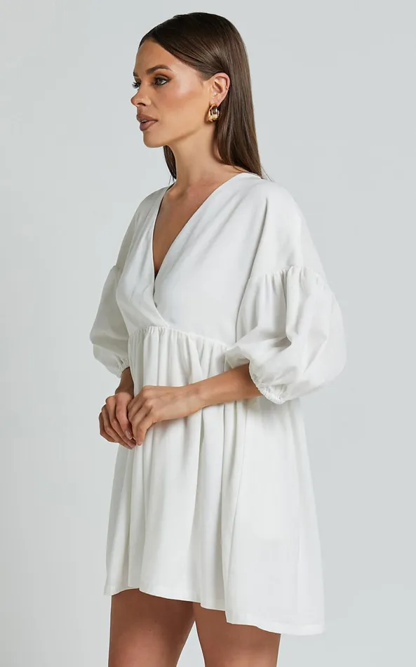 Showpo Akane Mini Dress 8211 Linen Look V Neck 34 Sleeve Smock Dress In Off White Women Dresses