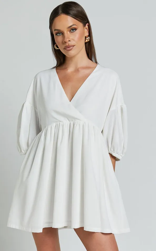Showpo Akane Mini Dress 8211 Linen Look V Neck 34 Sleeve Smock Dress In Off White Women Dresses
