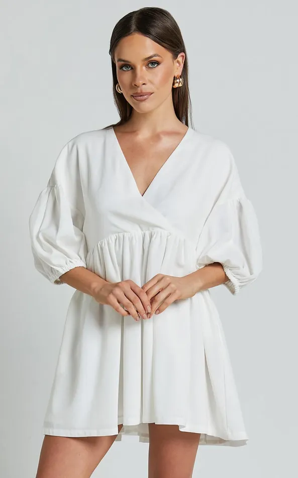 Showpo Akane Mini Dress 8211 Linen Look V Neck 34 Sleeve Smock Dress In Off White Women Dresses