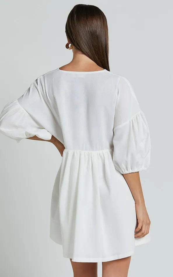 Showpo Akane Mini Dress 8211 Linen Look V Neck 34 Sleeve Smock Dress In Off White Women Dresses