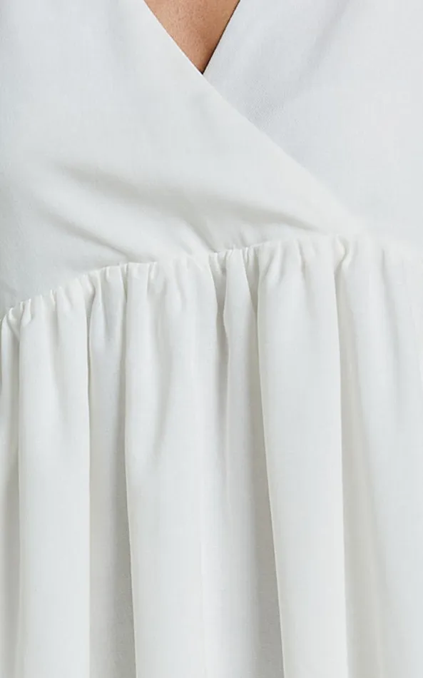Showpo Akane Mini Dress 8211 Linen Look V Neck 34 Sleeve Smock Dress In Off White Women Dresses
