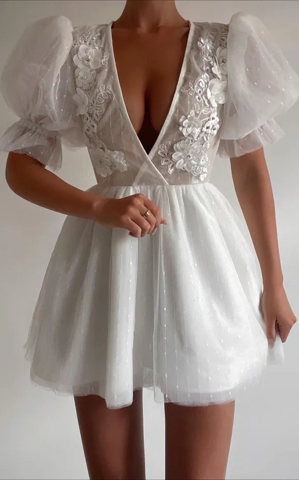 Showpo Akshia Mini Dress 8211 Puff Sleeve Floral Detail Plunge Neck Dress In White Women Curve Clothes Showpo Akshia Mini Dress 8211 Puff Sleeve Floral Detail Plunge Neck Dress In White Women Curve Clothes