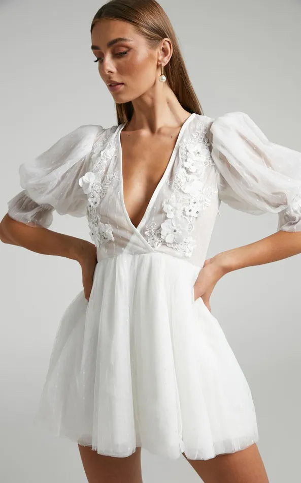 Showpo Akshia Mini Dress 8211 Puff Sleeve Floral Detail Plunge Neck Dress In White Women Curve Clothes
