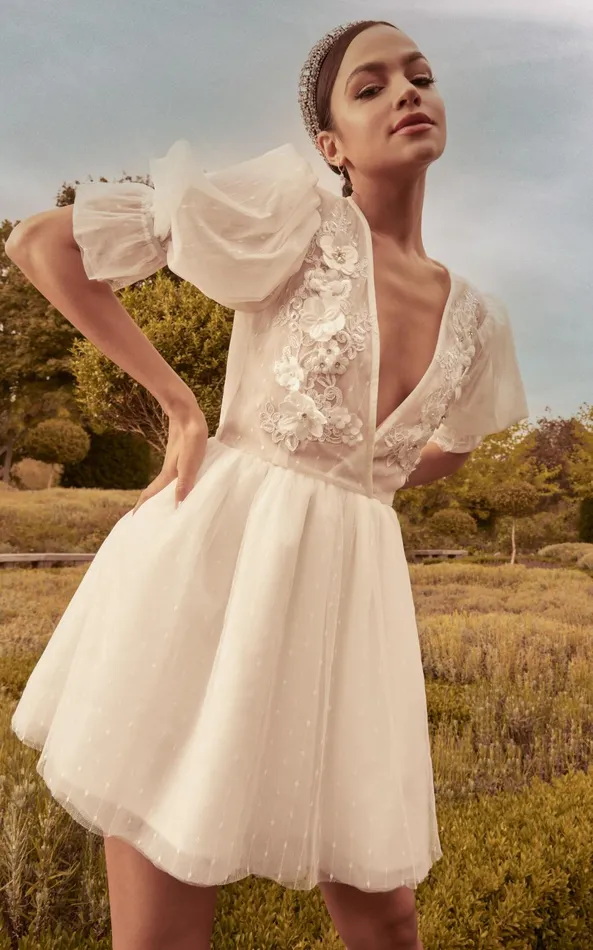 Showpo Akshia Mini Dress 8211 Puff Sleeve Floral Detail Plunge Neck Dress In White Women Curve Clothes