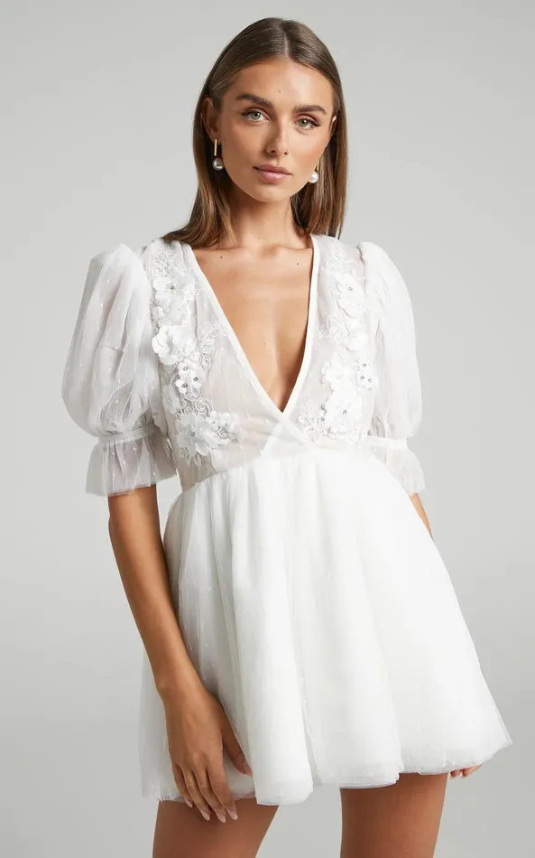 Showpo Akshia Mini Dress 8211 Puff Sleeve Floral Detail Plunge Neck Dress In White Women Curve Clothes