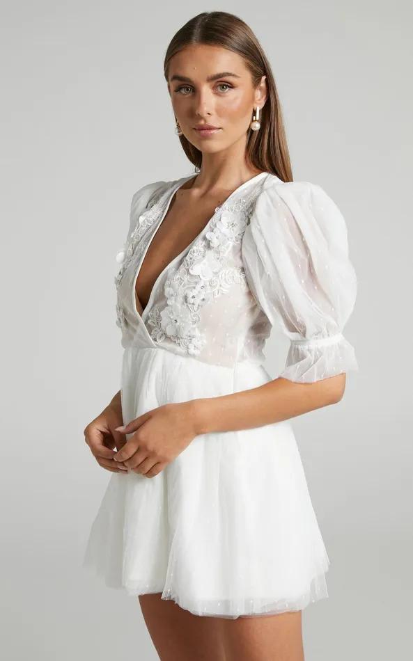 Showpo Akshia Mini Dress 8211 Puff Sleeve Floral Detail Plunge Neck Dress In White Women Curve Clothes