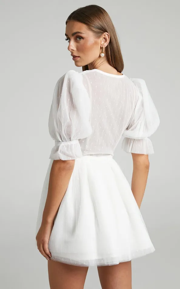 Showpo Akshia Mini Dress 8211 Puff Sleeve Floral Detail Plunge Neck Dress In White Women Curve Clothes